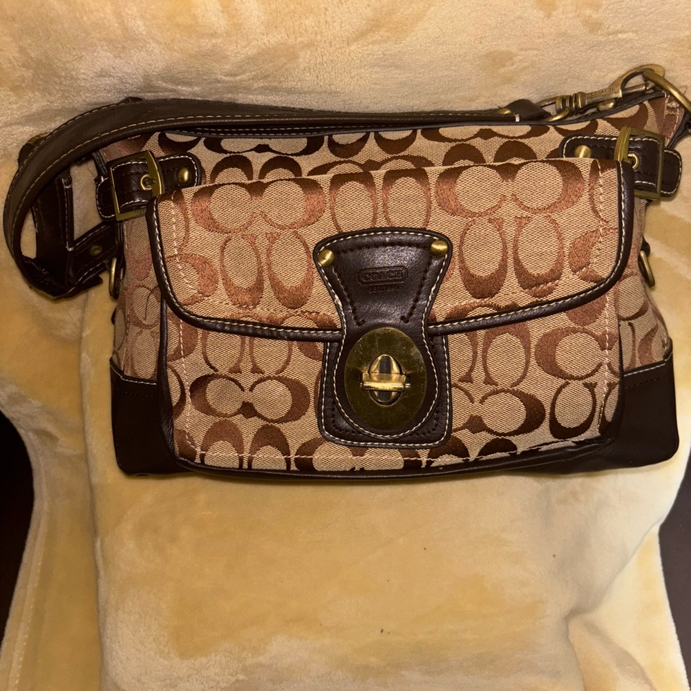 Coach Signature Brown and Tan Shoulder Bag